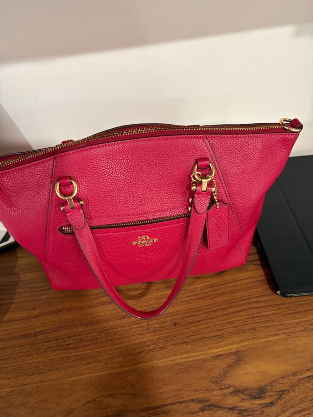 Coach Pebbled Leather Shoulder Tote in Hot Pink